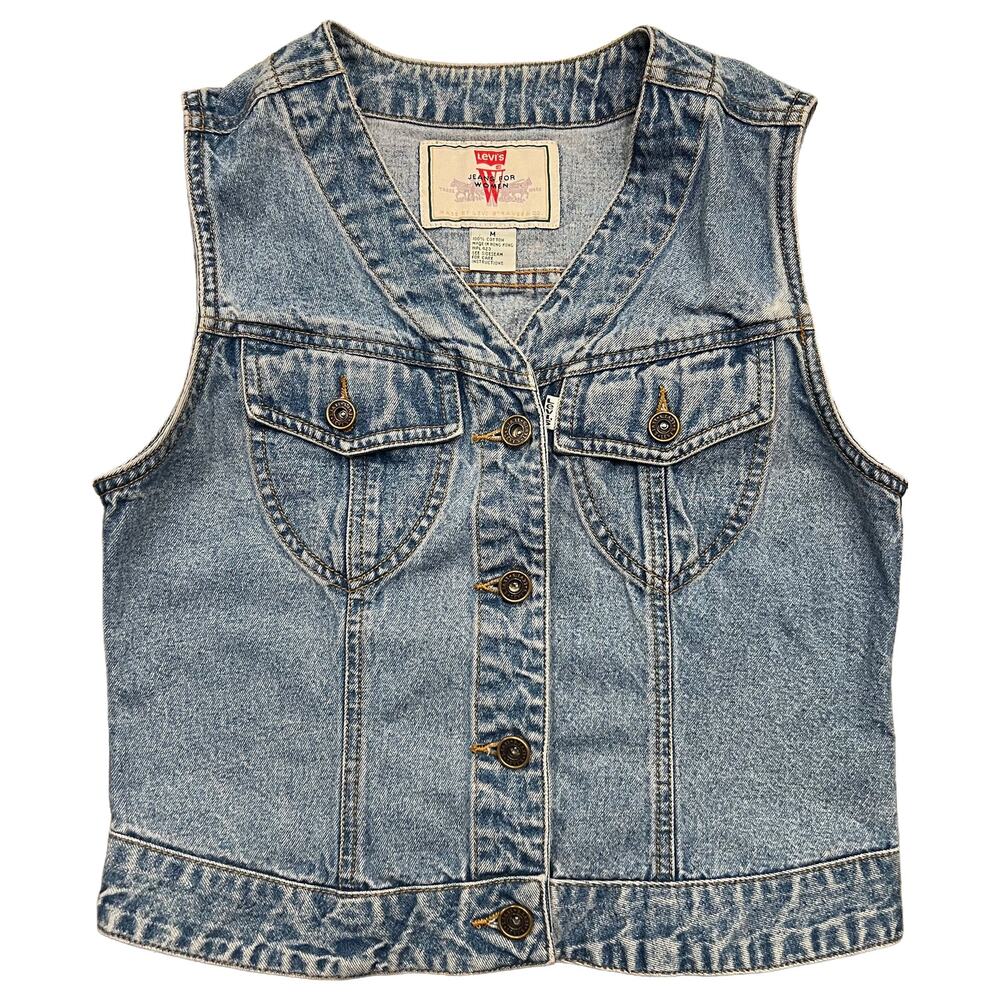 Vintage 1995 Levis Denim Vest 100% Cotton Medium Acid Wash Jean Button Front M